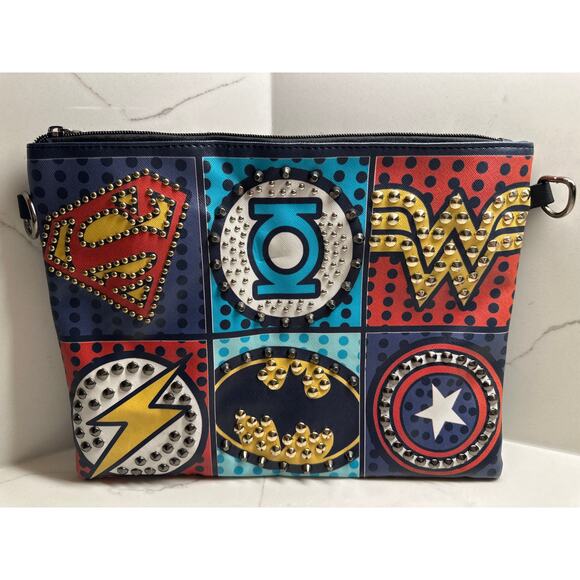 Unique Superhero Chic Crossbody Clutch Rivets Superman Batman Flash - Picture 1 of 7